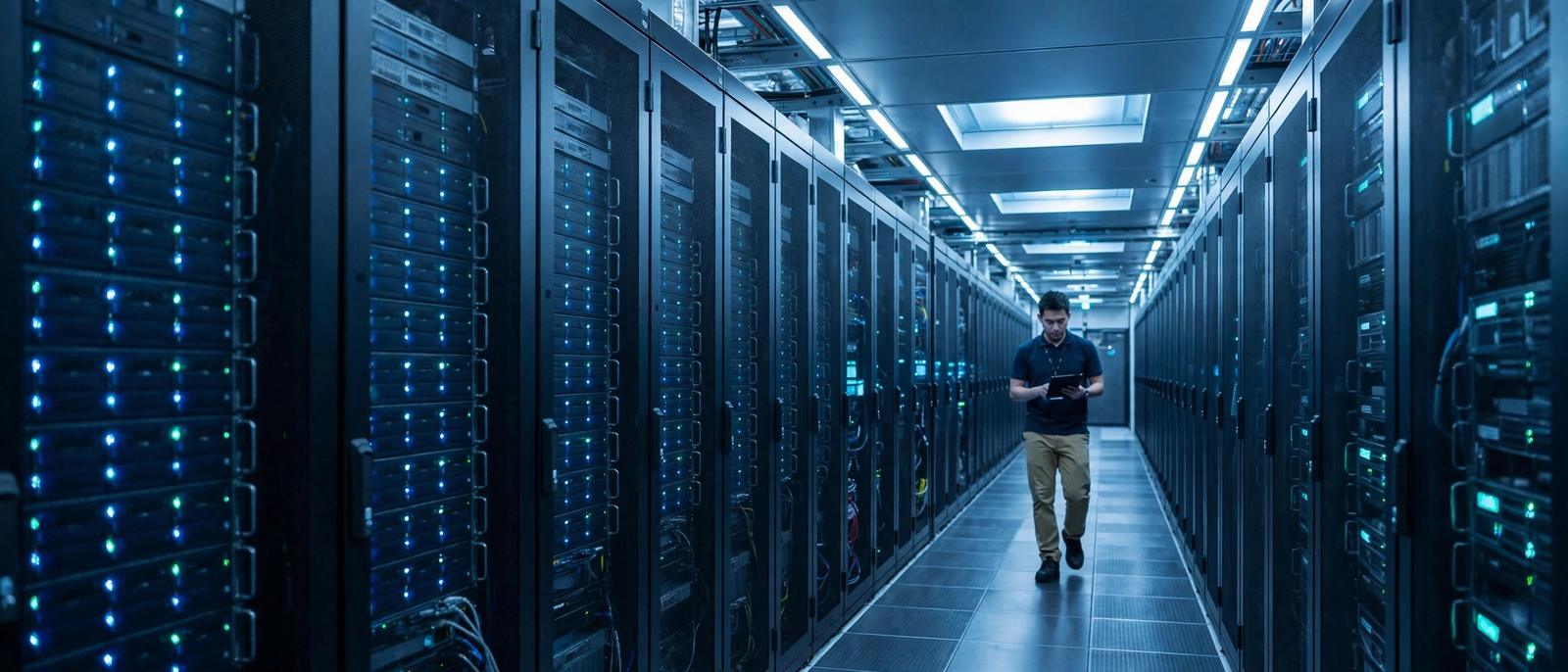 Data center technician walking a server aisle
